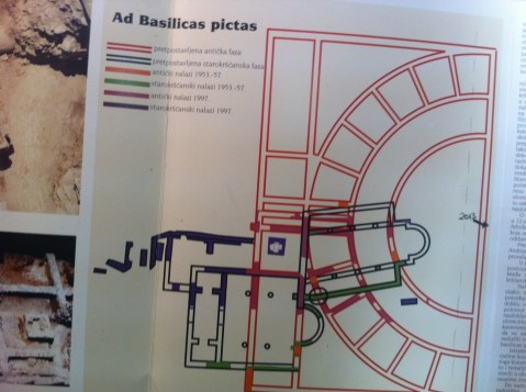 La planimetria pubblicata: in rosso, supposte fasi antiche (1997); in blu supposte fasi paleocristiane (1997); in orange scavi 1953-1957, fasi antiche; in verde scavi 1953-1957, fase paleocristiana; in lilla scoperte 1997, fase antica; in porpora scoperte 1997, fase paleocristiana; 2013 area evidenziata di scavi strada Domovinskog rata