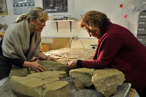 Paola Desantis, a destra, studia con la restauratrice Antonella Pomicetti la stele etrusca scoperta nel sepolcreto di via Saffi a Bologna