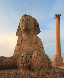 Una sfinge a "guardia" della cosiddetta colonna di Pompeo ad Alessandria d'Egitto