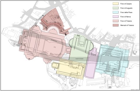Il tracciato di via Alessandrina e di via dei Fori imperiali che insiste suI foro di Nerva, di Augusto e di Traiano a Roma