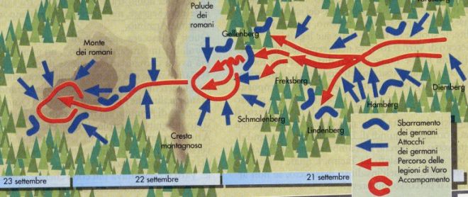 La mappa con i movimenti delle truppe nella battaglia della Selva di Teutoburgo