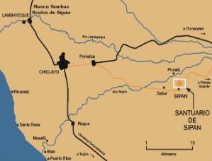 La mappa del Perù settentrionale con la posizione di Sipan