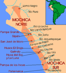L'area di diffusione della cultura Moche con i principali siti peruviani