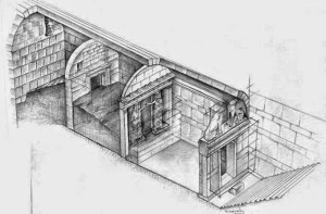 Visione assonometrica delle tre stanze della tomba macedone
