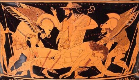 La scena, tratta dall’Iliade, narra della morte di Sarpedonte, figlio di Zeus e di Laodamia, alleato dei Troiani nella guerra contro gli Achei