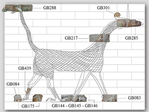 Il rilievo del drago-serpente (mushkhusshu) sulla porta di Ishtar a Babilonia con sovrapposti i frammenti dello stesso soggetto trovati a Tol-e Ajori (Iran)