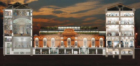 Tavola con il progetto di allestimento del nuovo Museo Egizio a Torino con l'organizzazione degli spazi sui diversi piani