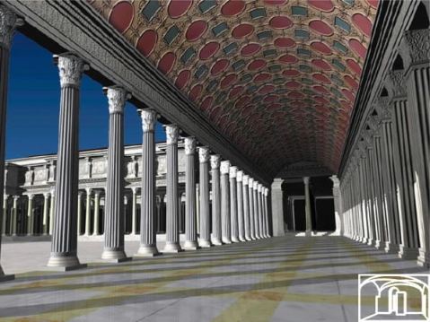 Un rendering del grande porticato del complesso del Foro di Traiano con le imponenti colonne