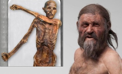 La mummia del Similaun e una ricostruzione dell'Uomo venuto dal Ghiaccio (Iceman)