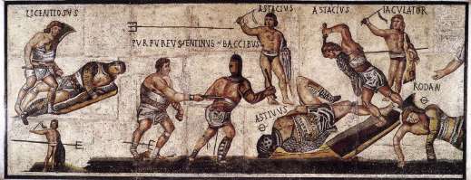 Mosaico romano con raffigurati i giochi gladiatori nell'anfiteatro