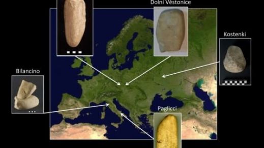 La mappa dei rinvenimenti di pestelli preistorici: due in Italia, a Bilancino e Grotta Paglicci
