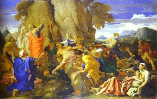 Gli ebrei guidati da Mosè raccolgono la manna nel deserto, in un'opera di Nicolas Poussin