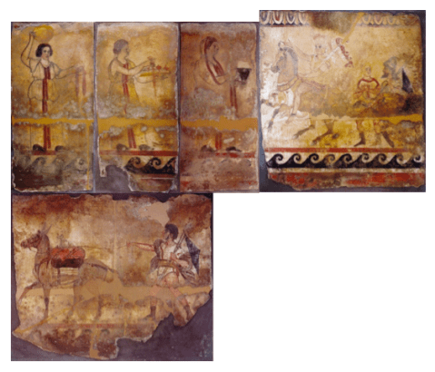 Le cinque lastre affrescate della tomba da Paestum recuperate dai carabinieri