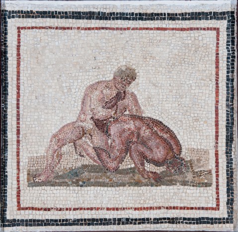 "Lottatori", mosaico proveniente da Gightis (Henchir Bou Ghrara), nel sud della Tunisia (foto di Gianluca Baronchelli)