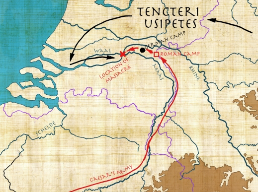 La planimetria della battaglia del 55 a.C. tra le legioni romane di Cesare e le tribù germaniche degli Usipeti e dei Tencteri