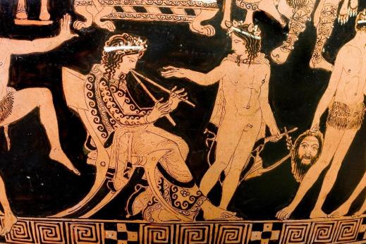Nel dettaglio del Vaso di Pronomos la raffigurazione del flautista Pronomos, musicista beotico molto noto ad Atene