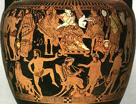 La scena centrale del vaso di Pronomos con in alto Dioniso e Arianna, e sotto il flautista Pronomos