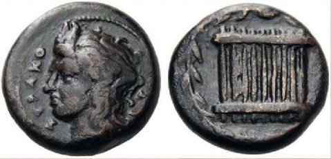 Una rara rappresentazione di una siringa sul rovescio di un hemilitron di bronzo di Siracusa (344-317 a.C.)