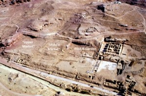 Visione aerea dell'area della piscina monumentale e del grande giardino a Petra 