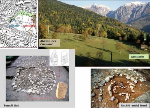 Un mosaico di immagini con il paesaggio in cui è stato fondato il santuario megalitico di Pat e dettagli dei circoli votivi a nord e dei tumuli a sud