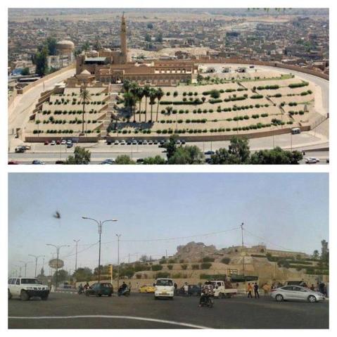 La collina del profeta Giona (tell Nabi Younis) con la moschea prima e dopo il passaggio dell'Isis