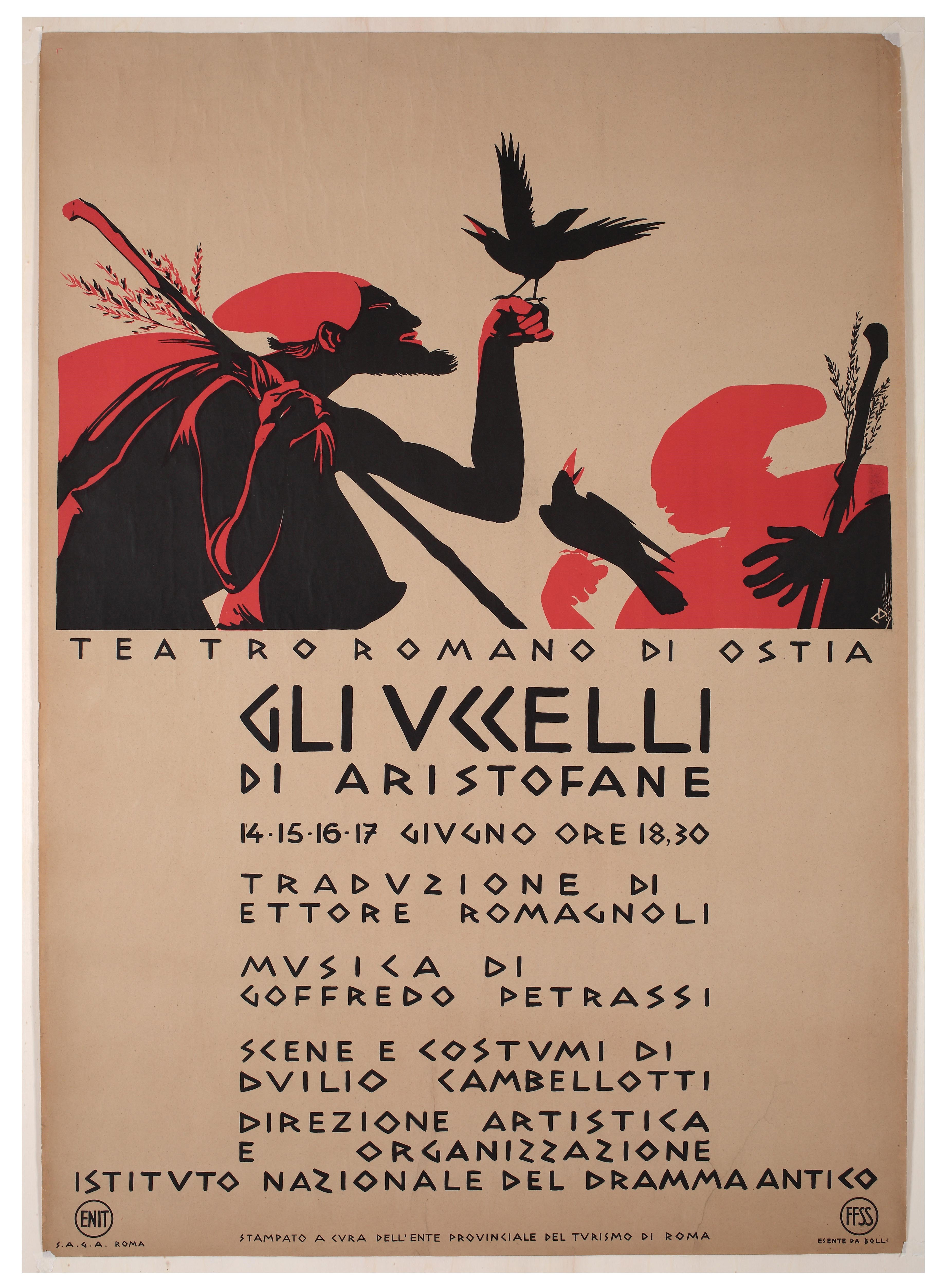 ostia-antica_parco_mostra-chi-è-di-scena_manifesto-uccelli-di-aristifane_1947_foto-Aleandri Arte Moderna-Roma