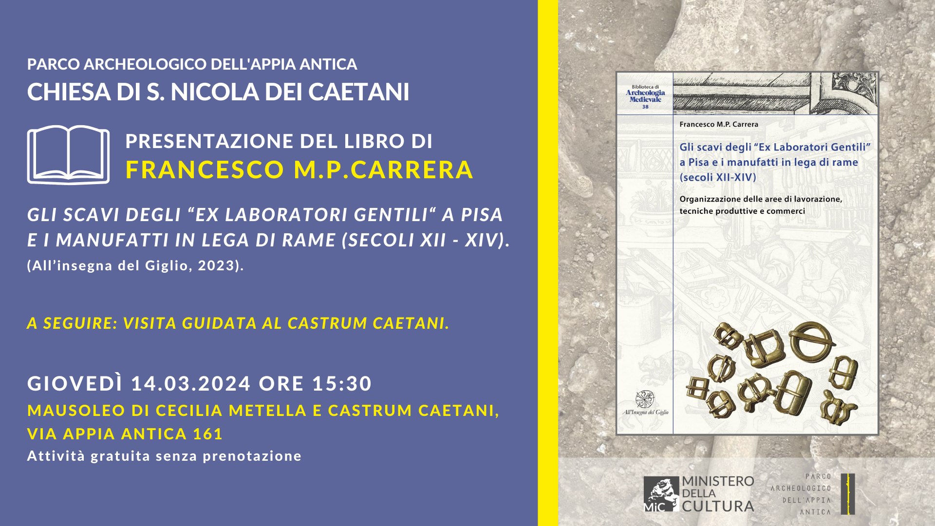 appia-antica_san-nicola-dei-caetani_libro-gli-scavi-degli-ex-laboratori-Gentili-a-pisa-e-i-manufatti-in-lega-di-rame_presentazione_locandina